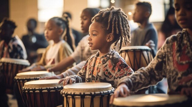 A vibrant group of children celebrating joyous event playing drums, AI-generated.