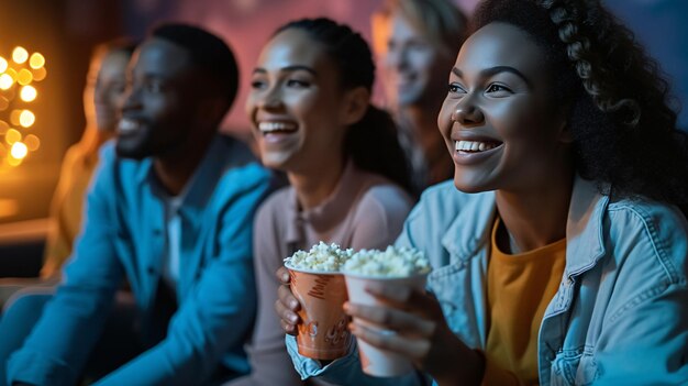 A vibrant group of diverse friends laughing and enjoying a movie night together The room is filled with excitement as they gather around a large screen immersed in the films storyline Th