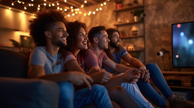 A vibrant group of diverse friends laughing and enjoying a movie night together The room is filled with excitement as they gather around a large screen immersed in the films storyline Th