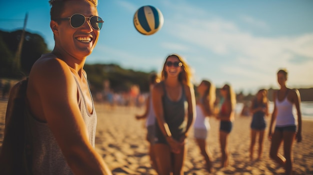 A vibrant group of people joyfully playing beach ball under the warm sun