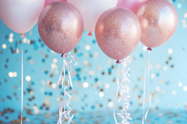 A vibrant group of pink and gold balloons and streamers creating a festive atmosphere gender reveal balloons and glitter invitation for baby shower AI Generated