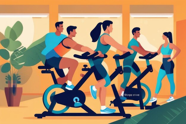 Vibrant Gym Session Indian Ethnicity Engaged in Stationary Cycling Class for Healthy Lifestyle