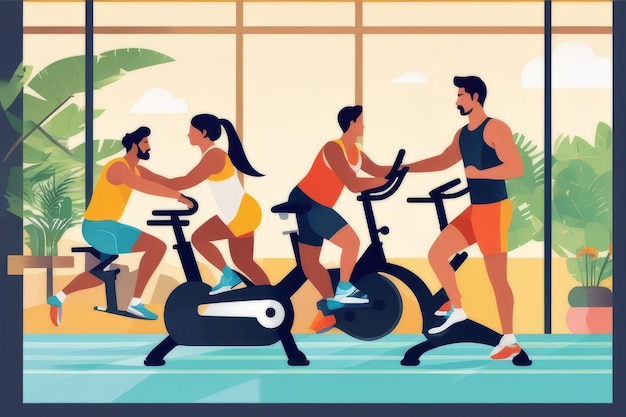 Vibrant Gym Session Indian Ethnicity Engaged in Stationary Cycling Class for Healthy Lifestyle