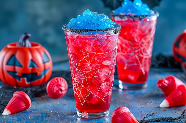 Vibrant Halloween Themed Cocktails with Blue Crushed Ice Spider Web Decoration and Pumpkin