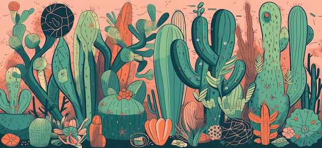 Яркие рисунки кактусов, нарисованные вручную, с поразительными формами линий и беспорядочными узорами Генеративный ИИ