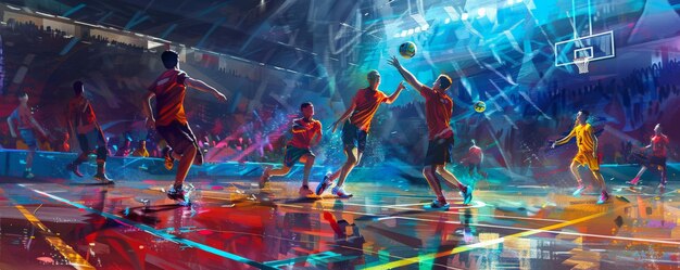 Photo a vibrant handball court background with smooth floors colorful jerseys and the textures of