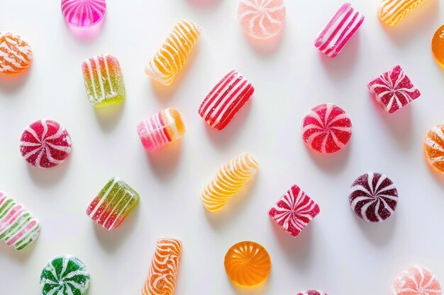 Photo vibrant handcrafted candies in assorted hues against a pristine white background