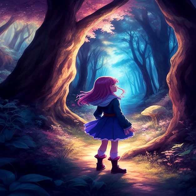 A vibrant handdrawn anime scene featuring a young girl in a magical forest ai generated