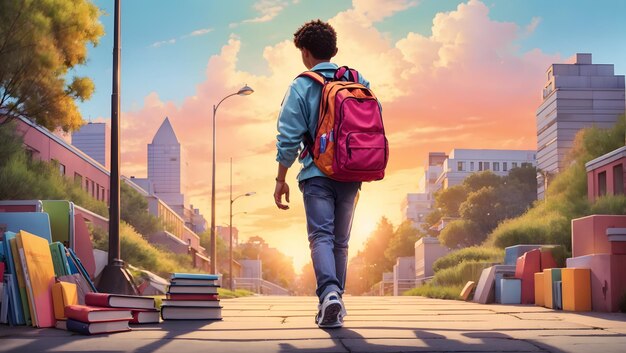 A vibrant handdrawn illustration of a student walking to school with a backpack full of books