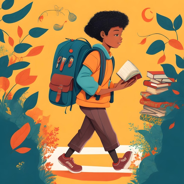 Photo a vibrant handdrawn illustration of a student walking to school with a backpack full of books