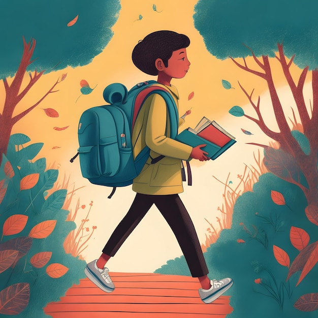 Foto una vivace illustrazione disegnata a mano di uno studente che va a scuola con uno zaino pieno di libri