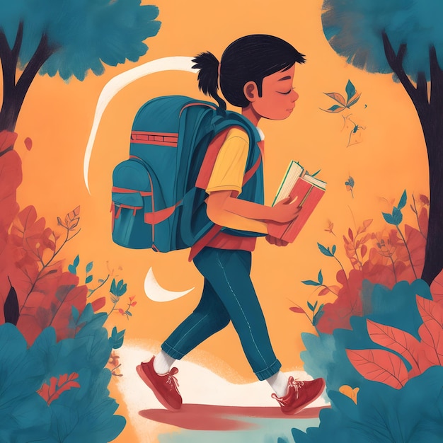 Photo a vibrant handdrawn illustration of a student walking to school with a backpack full of books