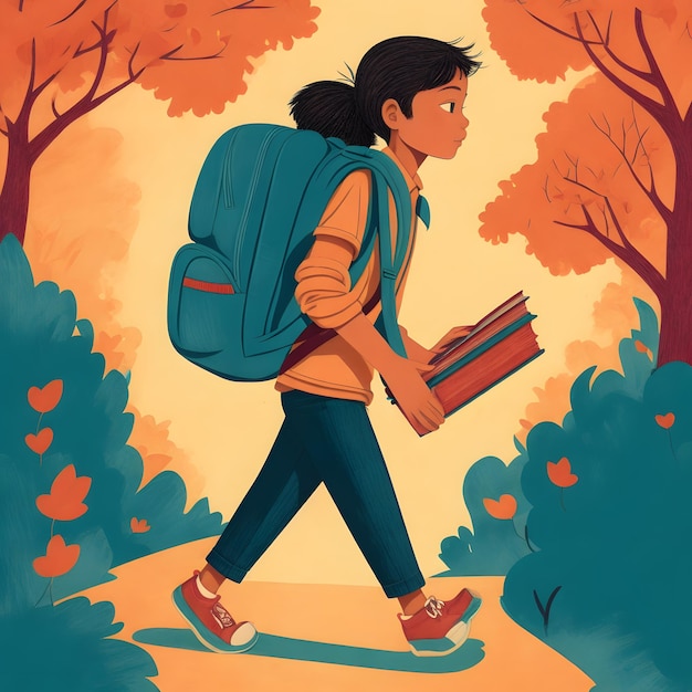 A vibrant handdrawn illustration of a student walking to school with a backpack full of books