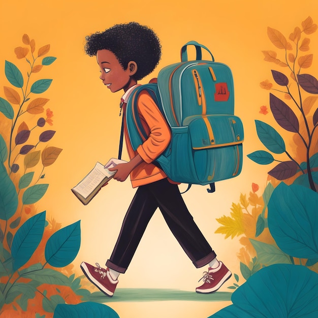 Photo a vibrant handdrawn illustration of a student walking to school with a backpack full of books