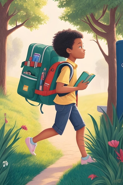 A vibrant handdrawn illustration of a student walking to school with a backpack full of books