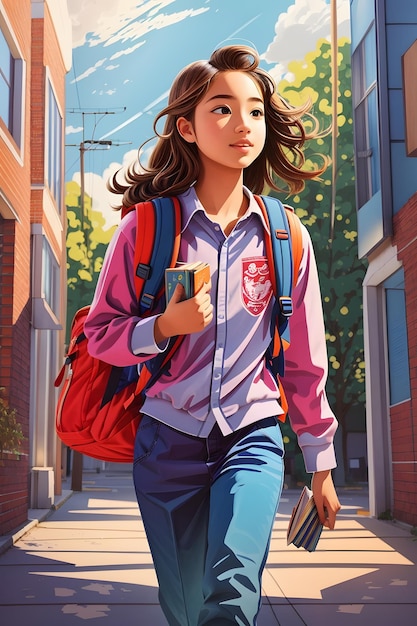 A vibrant handdrawn illustration of a student walking to school with a backpack full of books