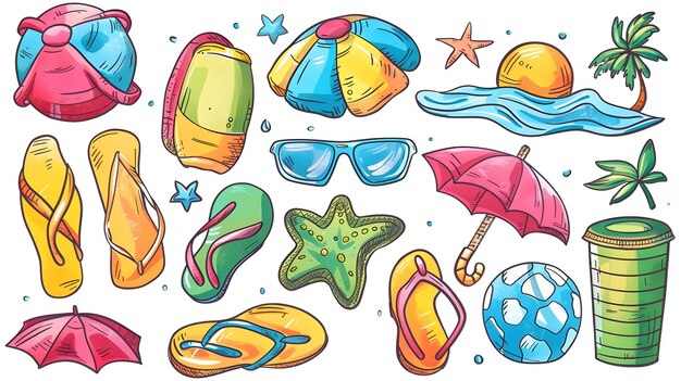 Photo vibrant handdrawn of lively summer beach accessories