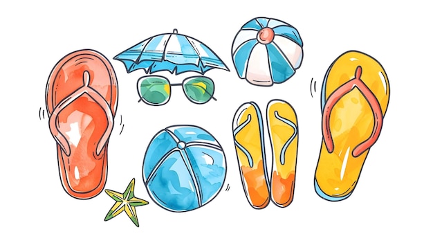 Photo vibrant handdrawn of summer beach accessories on white background