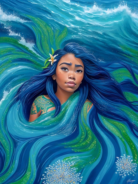 Яркий ручной портрет Моаны, окруженный вращающимся океаном синего и зеленого.