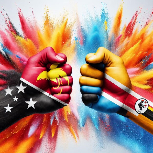 Photo vibrant hands representing papua new guinea and uganda flags in colorful showdown