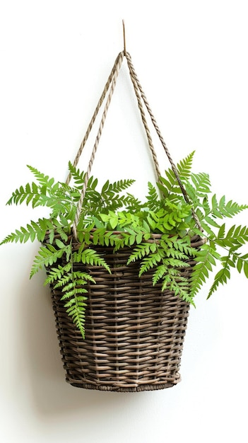 a vibrant hanging basket filled with lush green ferns sways gently enhancing the minimalist decor of a bright white space