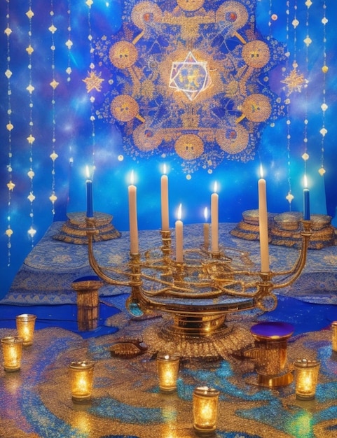 A vibrant Hanukkah celebration with a kaleidoscope of colors and lights illuminating the night sky