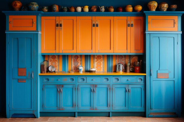 Photo vibrant and harmonious exploring the allure of blue and orange cupboards in ar 32