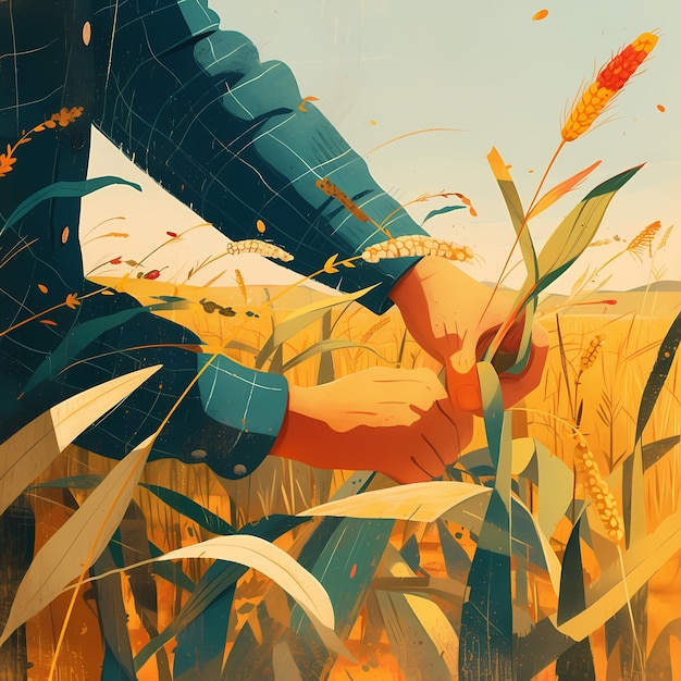 Vibrant Harvest Handpicking Grain in a Field