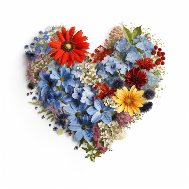 Vibrant heart of assorted flowers on white background symbol of love