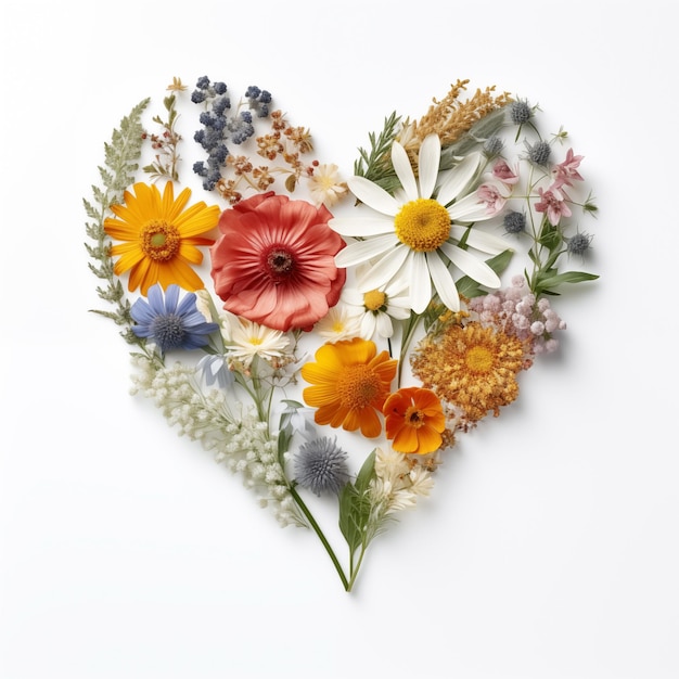 Vibrant heart of assorted flowers on white background symbol of love