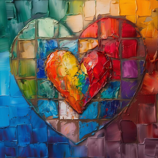 텍스처 모자이크 에 있는 활기찬 심장 사랑 의 주제 와 예술적 영감 을 위한 생생 한 기름 그림