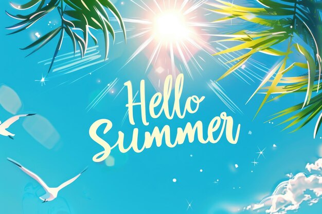 Photo vibrant hello summer concept with sun graphic and tropical elements