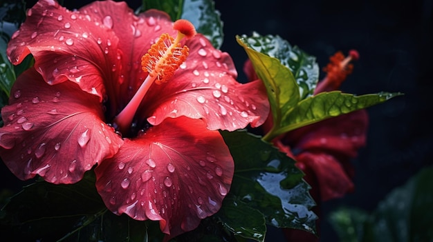 vibrant hibiscus blossom wet with dew shines in tropical