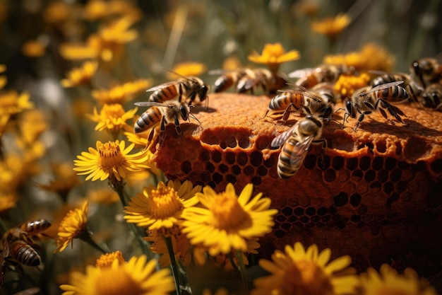 活動中の活気に満ちた蜂の巣 カラフルな植物 受粉の調和を生成する IA