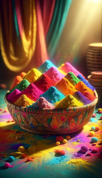 Vibrant Holi Festival Colors in a Traditional Indian Bowl