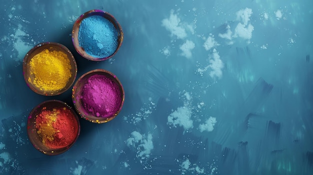 Photo vibrant holi powder in bowls on a textured blue backdrop