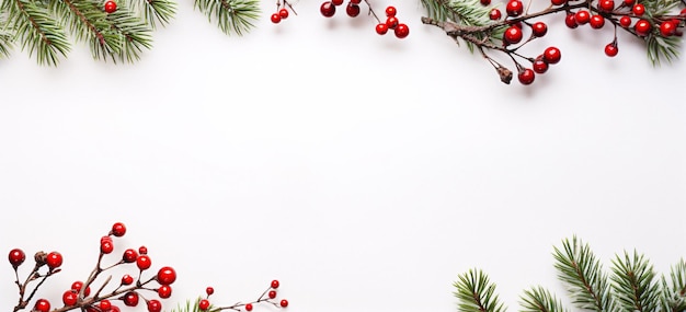 Vibrant Holiday Decor Festive Red Berries and Pine Branches on a Clean White Background Generative AI