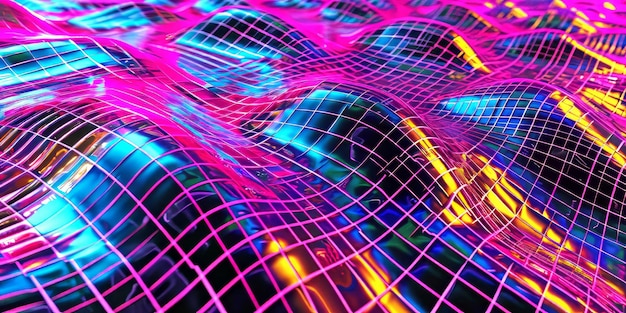 Photo vibrant holographic grid waves background