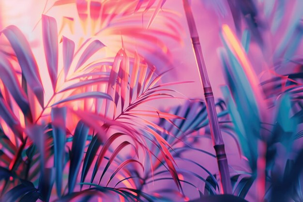 ミニマリストの超現実的なコンセプトアートで活気のあるホログラフィックな熱帯パームの葉