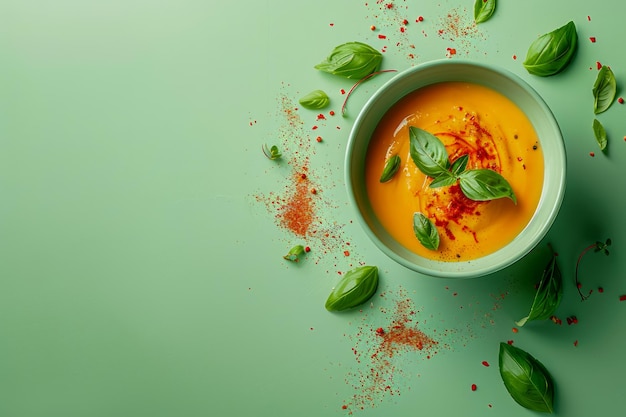 Vibrant Homemade Pumpkin Soup with Basil and Spices on Green Background Healthy Vegan Autumn Dish