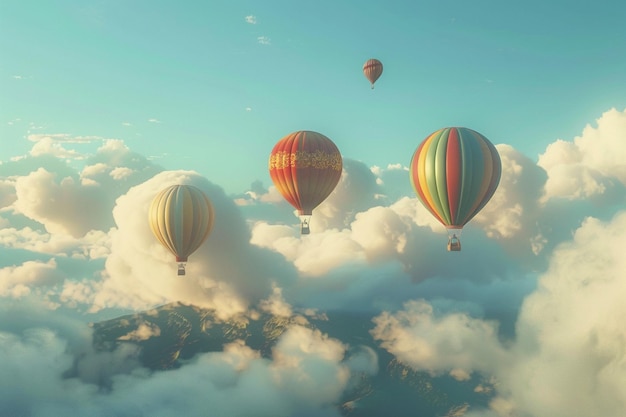 Vibrant hot air balloons ascending into a cloudfil