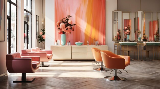 Photo vibrant hues dance upon the canvas of a chic hair salon a mesmerizing young muse radiant as dawn