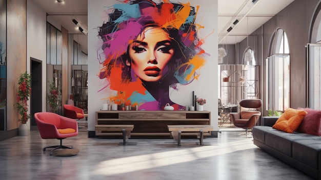 Vibrant hues dance upon the canvas of a chic hair salon A mesmerizing young muse radiant as dawn