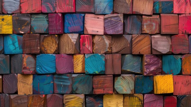 Vibrant hues emerge in the colorful backdrop of wooden blocks
