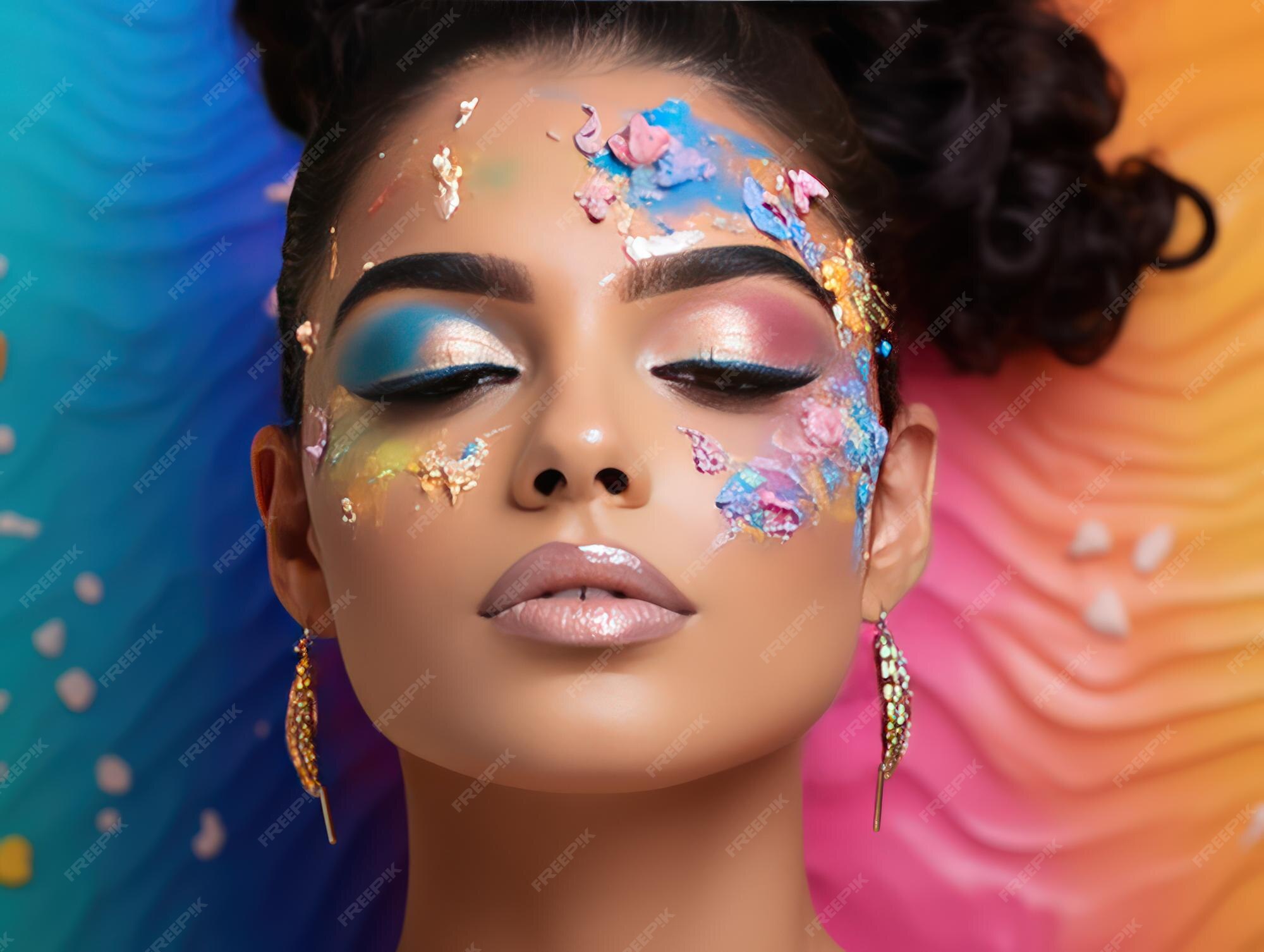 Premium AI Image  Vibrant Hues of Makeup Products with Dazzling Indian Beauty Model on Lively 