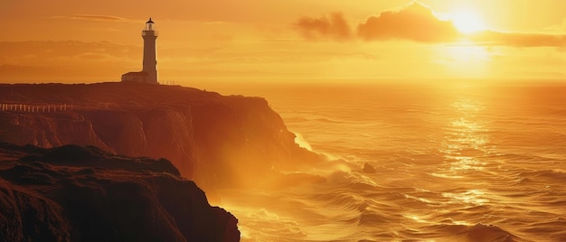 Яркие оранжевые и желтые оттенки окрашивают небо, когда солнце погружается за горизонт, бросая теплый свет на скалистые скалы и бушующие воды драматического побережья.