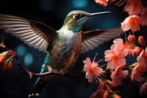 Vibrant hummingbird on the educational trail pollinating flowers generative IA