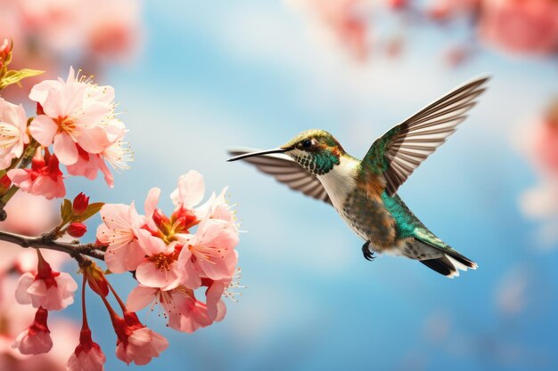 A vibrant hummingbird gracefully soars above a tree adorned with beautiful pink flowers in bloom A hummingbird hovering near a vibrant blossom AI Generated