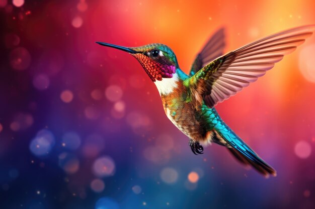 A vibrant hummingbird soars gracefully through the air showcasing its colorful plumage A hummingbird hovering near a vibrant blossom AI Generated