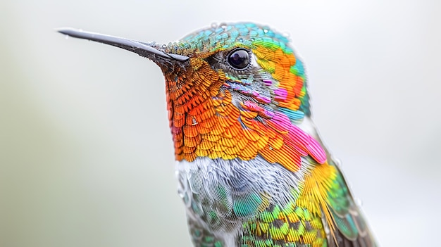 a vibrant hummingbird with iridescent feathers hovers midair against a pristine white background in